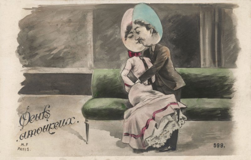 Par med eggehoder (farge litho) av French School