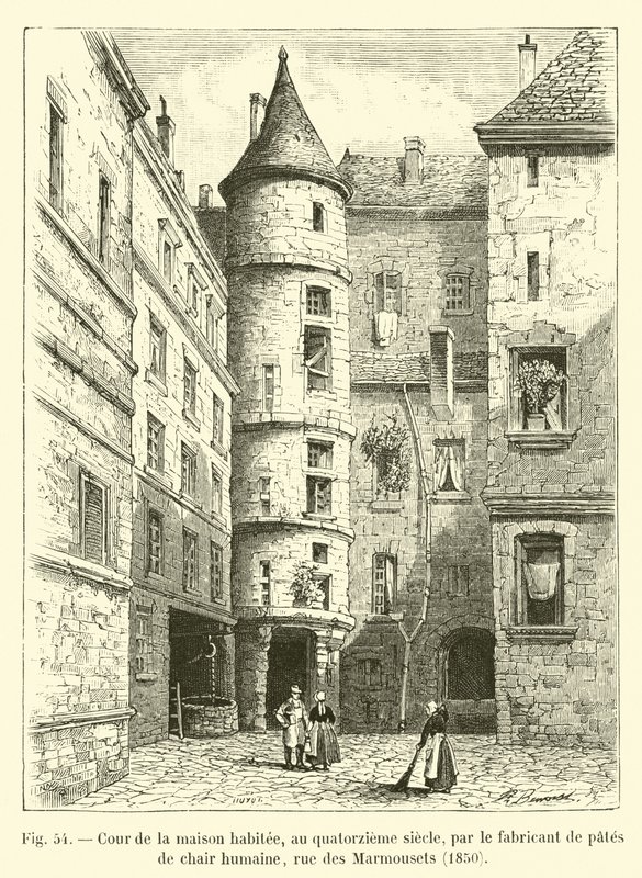 Gårdsplassen til huset bebodd, i det fjortende århundre, av produsenten av menneskekjøttpasta, rue des Marmousets, 1850 av French School