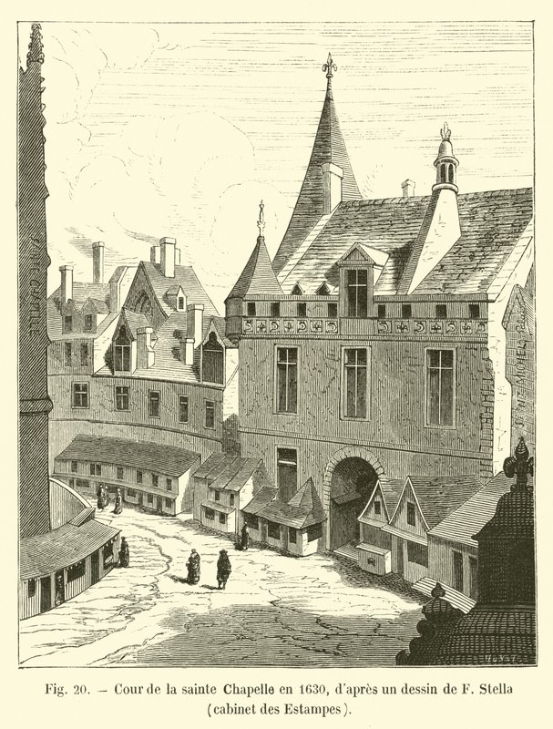 Gårdsplassen til Sainte Chapelle i 1630, etter en tegning av F Stella, Cabinet des Estampes av French School
