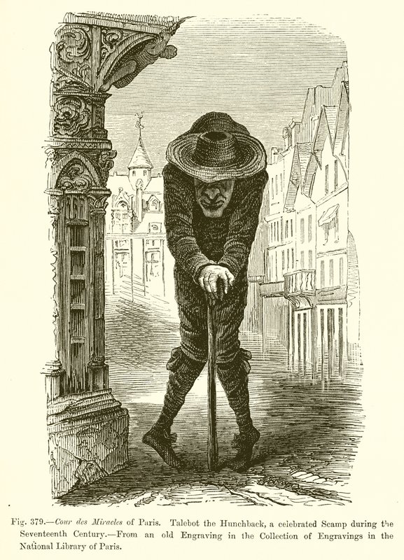 Cour des Miracles i Paris. Talebot the Hunchback, en berømt Scamp i løpet av det syttende århundre av French School