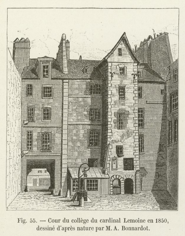 Gårdsplassen til Cardinal Lemoines college i 1850, hentet fra naturen av MA Bonnardot av French School