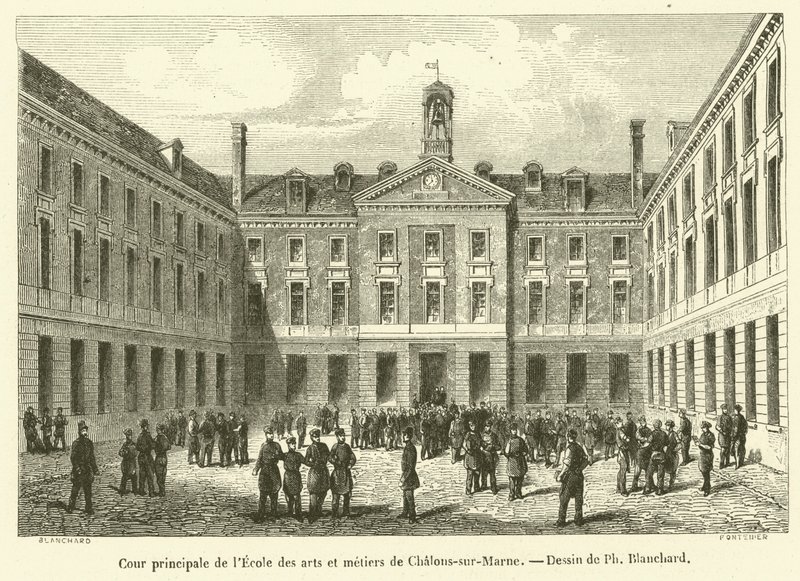 Hovedgårdsplassen til School of Arts and Crafts i Chalons-sur-Marne (gravering) av French School