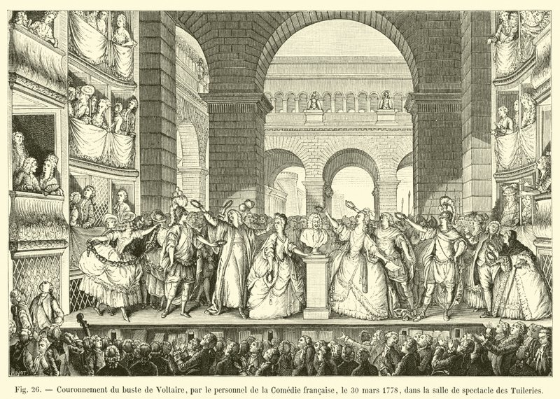 Kroning av bysten av Voltaire, av staben til Comedie francaise, 30. mars 1778, i forestillingshallen til Tuileriene av French School