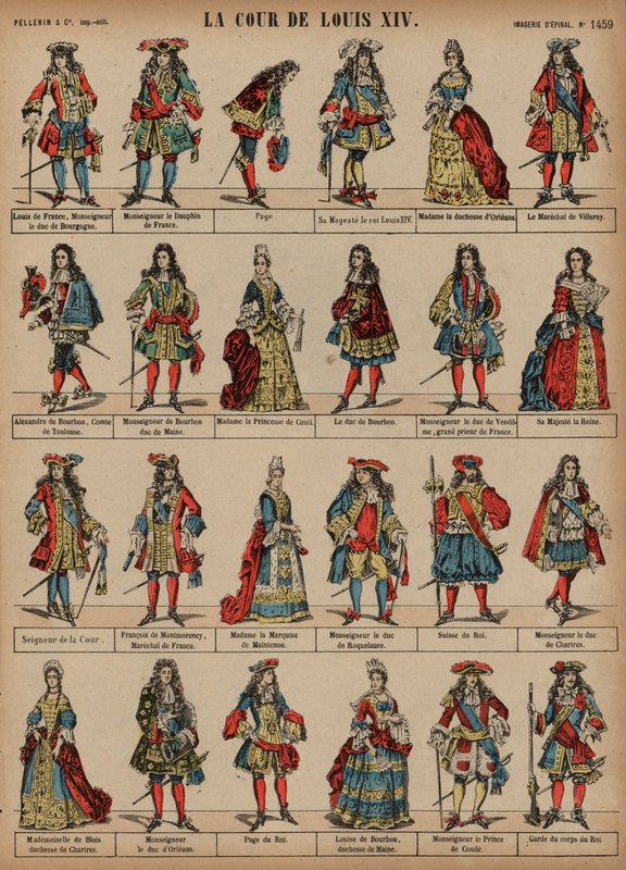 Court for kong Louis XIV av Frankrike (farget gravering) av French School