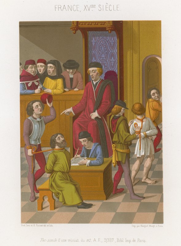 Rettssalsscene med en mann holdt av et tau rundt halsen av French School