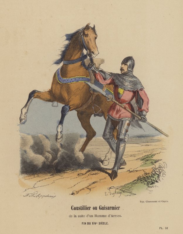 Coustillier eller Guisarmier i Suite of a Man-at-Arms, slutten av 1300-tallet (farget gravering) av French School