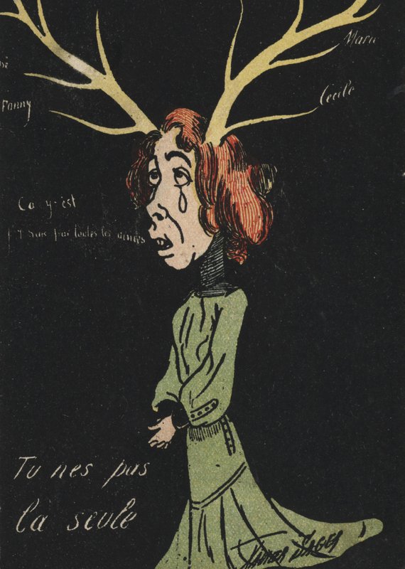 Gråtende kvinne med gevir (farge litho) av French School