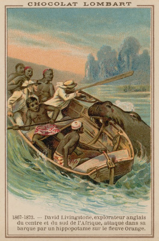 David Livingstones båt ble angrepet av en flodhest på Orange River, Afrika, 1867-1873 av French School