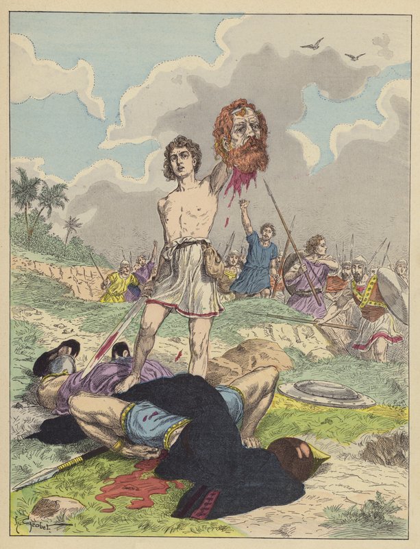 David med hodet til Goliat (farge litho) av French School