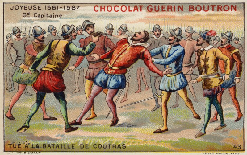 Anne, hertugen av Joyeuse, død i slaget ved Coutras (chromolitho) av French School