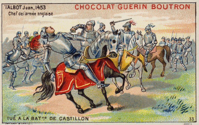 John Talbots død i slaget ved Castillon (chromolitho) av French School