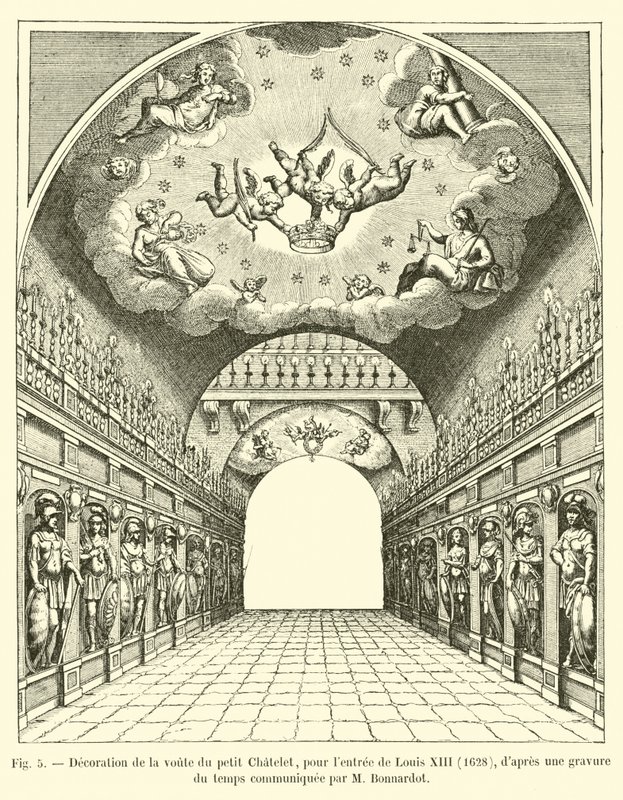 Dekorasjon av hvelvet til Petit Chatelet, for inngangen til Louis XIII, 1628, etter en gravering av tiden formidlet av M Bonnardot av French School