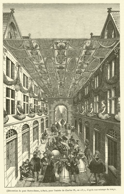Dekorasjon av Notre-Dame-broen i Paris i anledning av Karl IXs inntog i 1571 (gravering) av French School