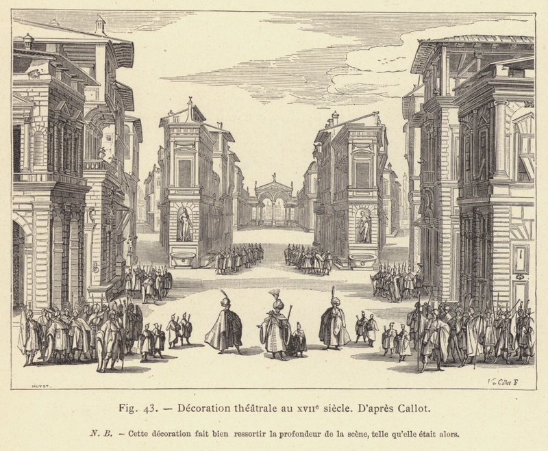 Teaterdekorasjon på 1600-tallet (gravering) av French School