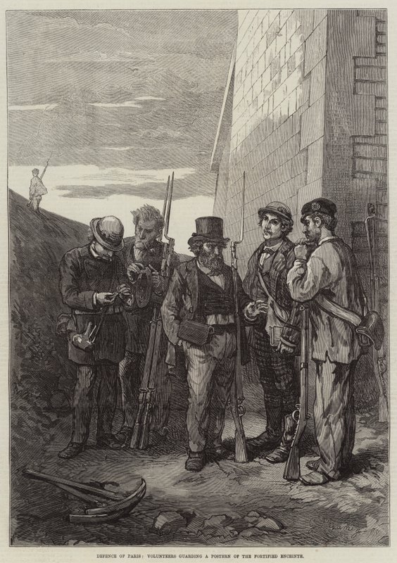 Defense of Paris, frivillige som vokter en plakat av den befestede enceinte (gravering) av French School