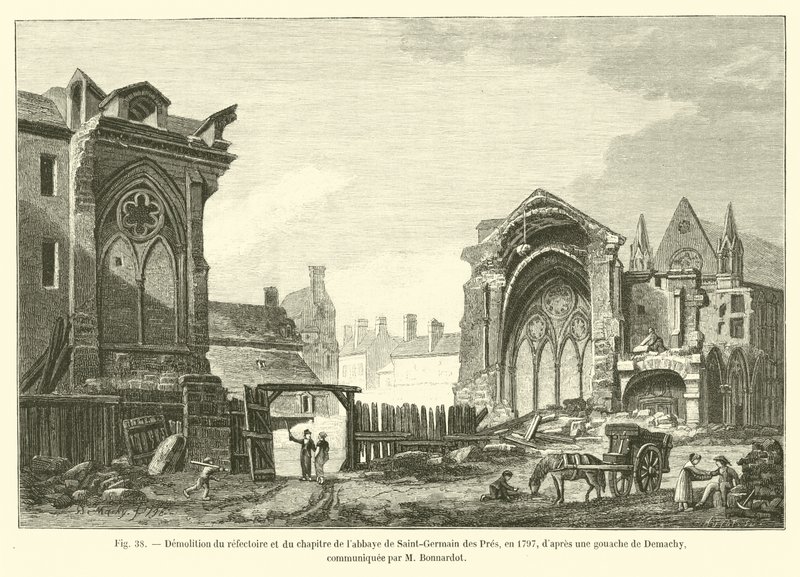 Riving av refektoriet og kapittelet til klosteret Saint-Germain des Pres, i 1797, etter en gouache av Demachy, formidlet av M Bonnardot av French School