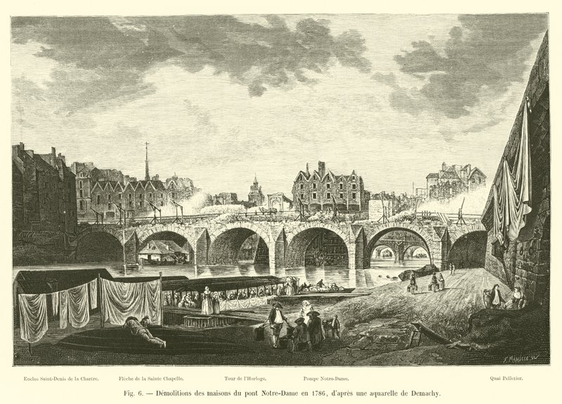 Riving av husene på Notre-Dame-broen i 1786, etter en akvarell av Demachy av French School