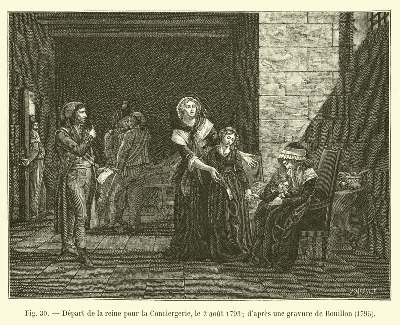 Dronningens avgang til conciergeriet, 2. august 1793; etter en gravering av Bouillon, 1795 av French School