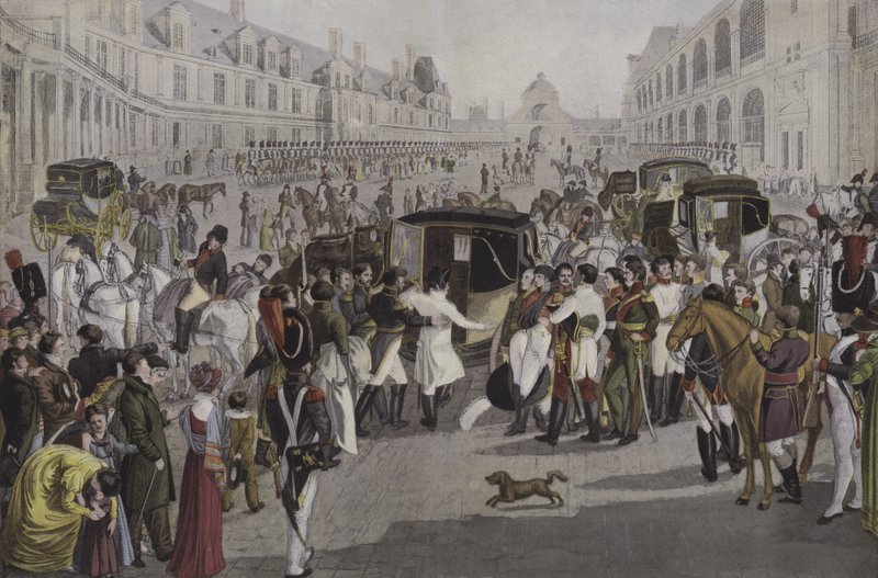 Napoleons avgang fra Fontainebleau, 20. april 1814 av French School