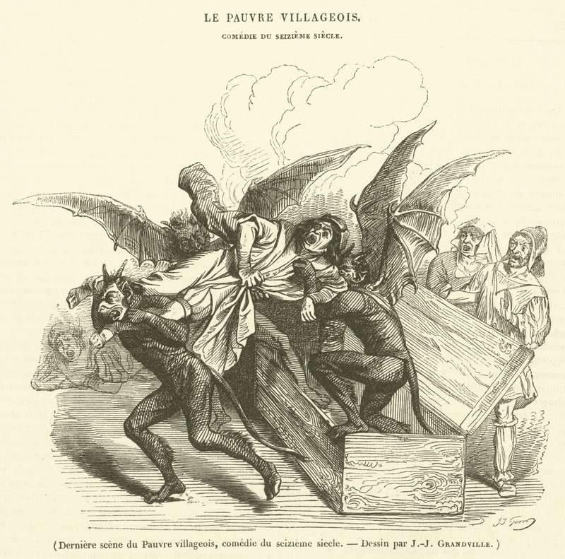 Siste scene av den fattige landsbyboeren, komedie fra det sekstende århundre (gravering) av French School