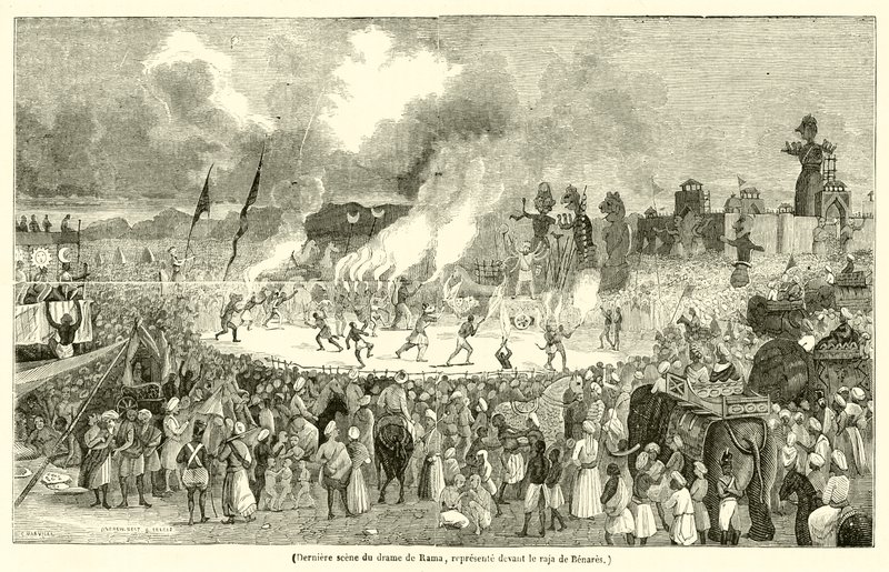 Siste scene i Rama-dramaet, representert foran rajaen til Benares (gravering) av French School