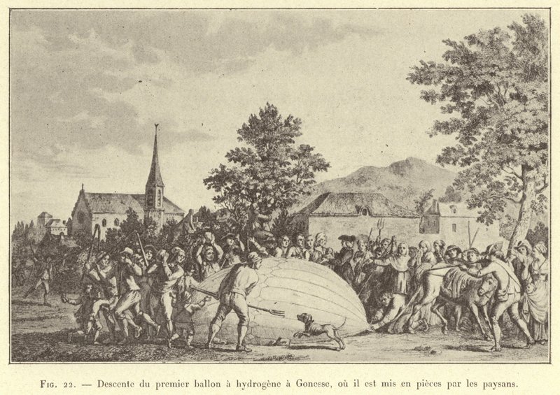 Nedstigning av den første hydrogenballongen til Gonesse, hvor den blir revet i stykker av bøndene (gravering) av French School