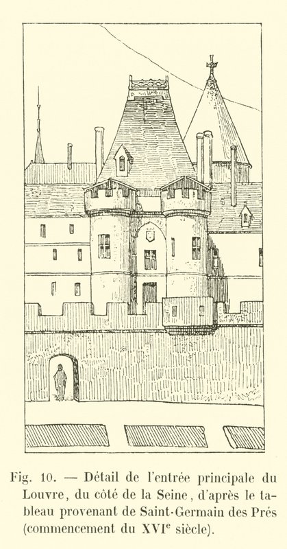Detalj av hovedinngangen til Louvre, fra siden av Seinen, etter maleriet fra Saint-Germain des Pres, begynnelsen av 1500-tallet av French School