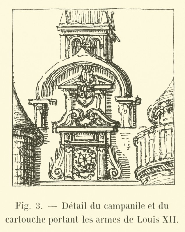 Detalj av campanile og kartusj som bærer armene til Ludvig XII av French School