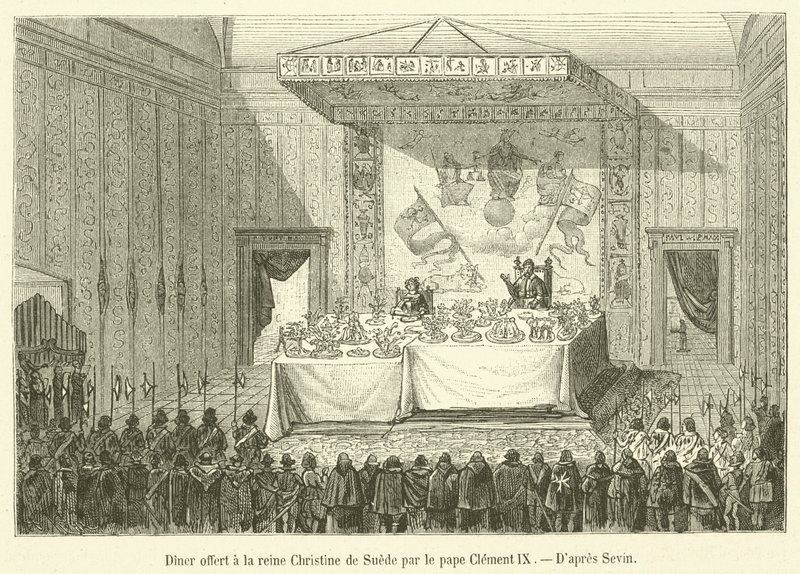 Middag tilbys dronning Christina av Sverige av pave Clement IX (gravering) av French School