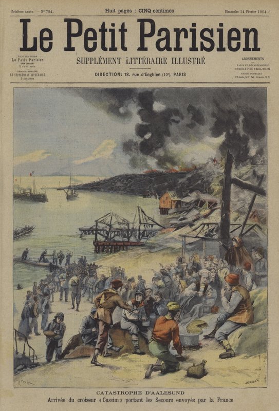 Katastrofbrann i Ålesund Norge (farge litho) av French School