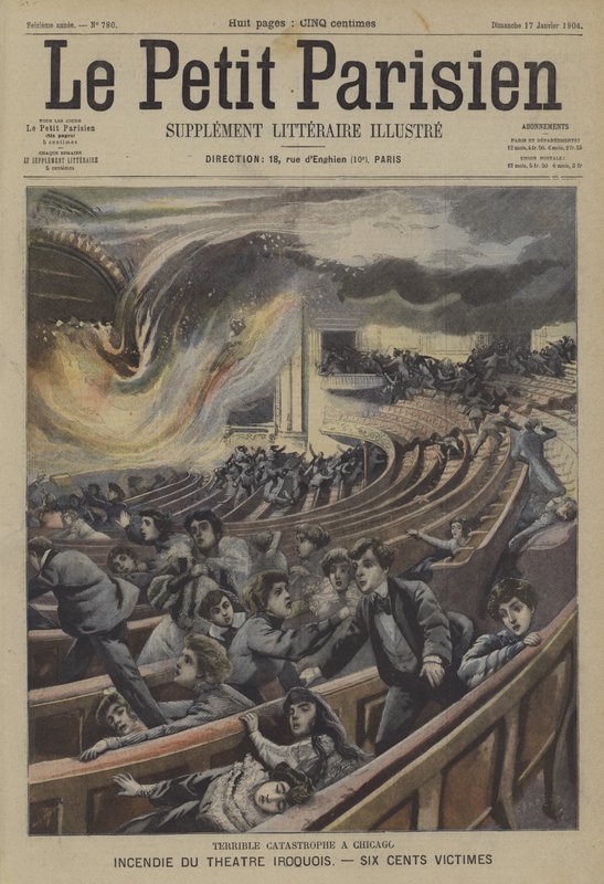 Katastrof brann i Iroquois Theatre i Chicago (farge litho) av French School