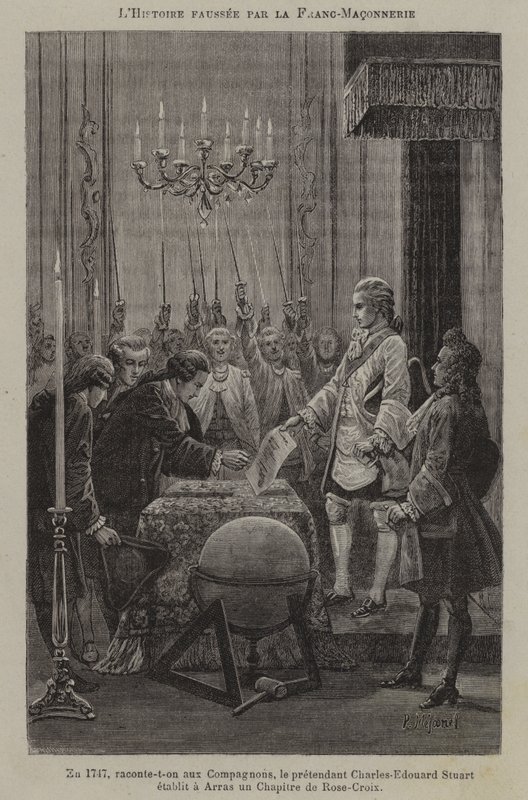 Forvrengning av historien av frimurerne: den antatte etableringen av et kapittel med rosenkreuzere av pretendenten Charles Edward Stuart i Arras i 1747 (gravering) av French School
