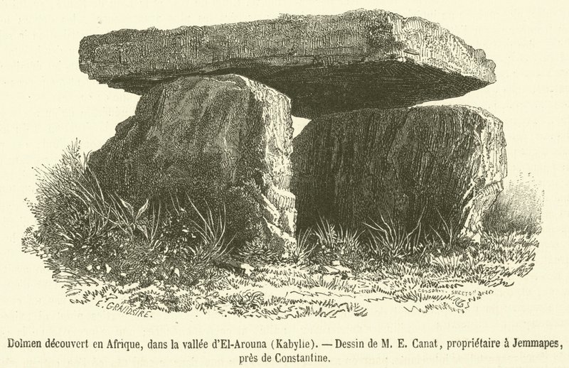 Dolmen oppdaget i Afrika, i dalen El-Arouna, Kabylia (gravering) av French School