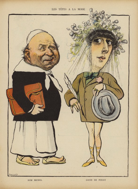 Dom Michel og den franske danseren og kurtisane Liane de Pougy. Illustrasjon for Le Rire (farge litho) av French School