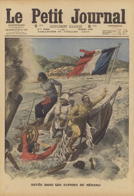 Druknet i strykene til elven Mekong (farge litho) av French School