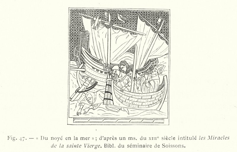 Fra drukning i havet; etter en ms fra 1200-tallet med tittelen The Miracles of the Blessed Virgin, Bibl of the seminary of Soissons (gravering) av French School