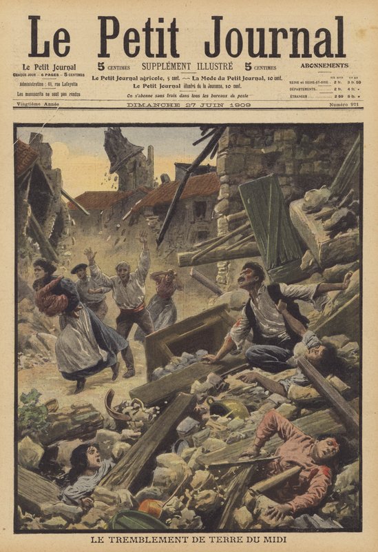 Jordskjelv i Midi-regionen i Frankrike (farge litho) av French School
