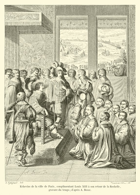 Rådmenn i byen Paris, komplimenterer Louis XIII ved hjemkomsten fra La Rochelle, tidsgravering; etter A Bosse av French School