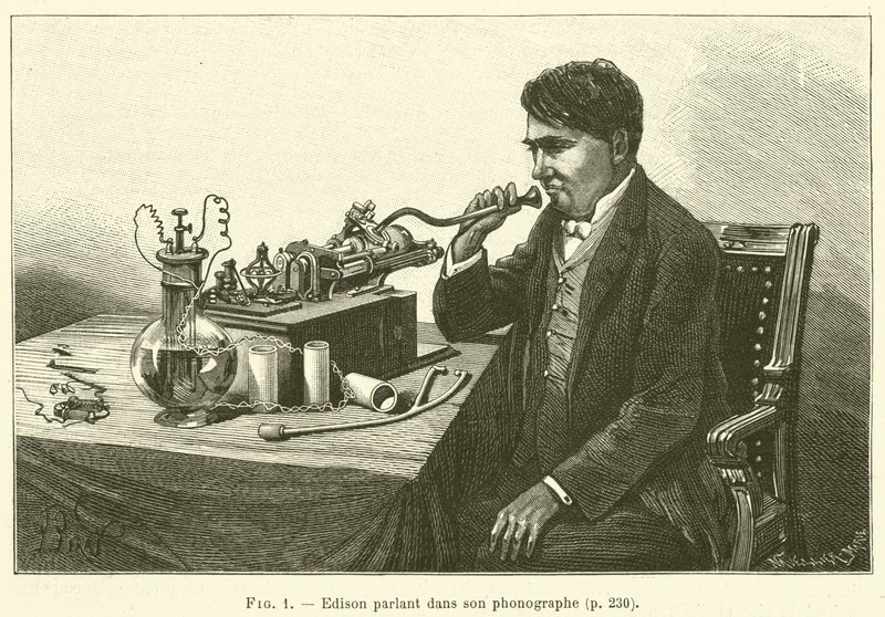 Edison snakker inn i fonografen sin (gravering) av French School