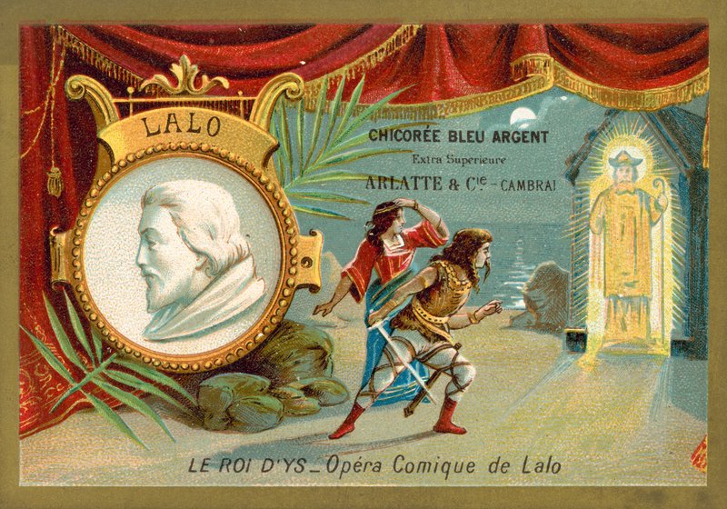 Edouard Lalo, fransk komponist, og en scene fra operaen hans Le Roi d'Ys (chromolitho) av French School