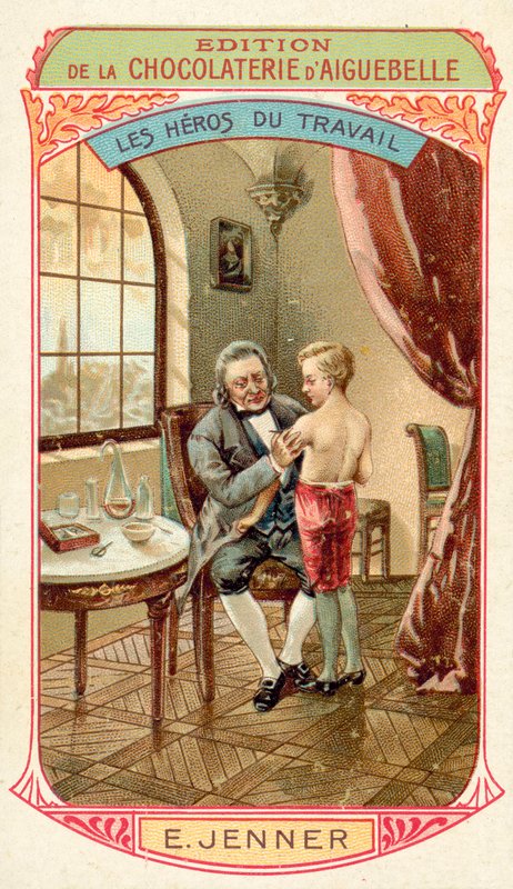 Edward Jenner, engelsk lege og vitenskapsmann som oppdaget en vaksine mot kopper (chromolitho) av French School