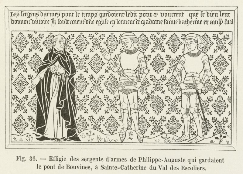 Skulptur av sersjantene til Philippe-Auguste som voktet Bouvines-broen, ved Sainte-Catherine du Val des Escoliers av French School