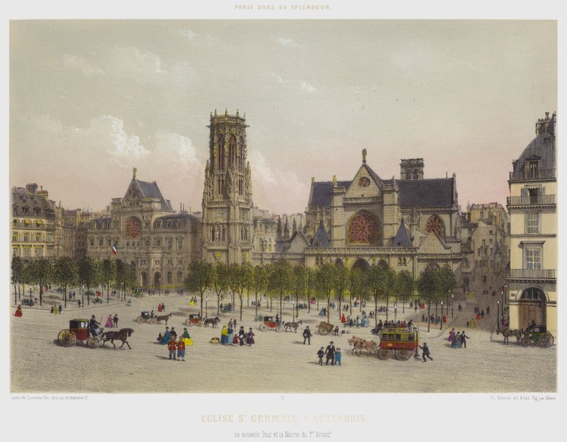 Saint Germain L'Auxerrois-kirken, dets nye tårn og rådhuset til 1. Arrond (farge litho) av French School