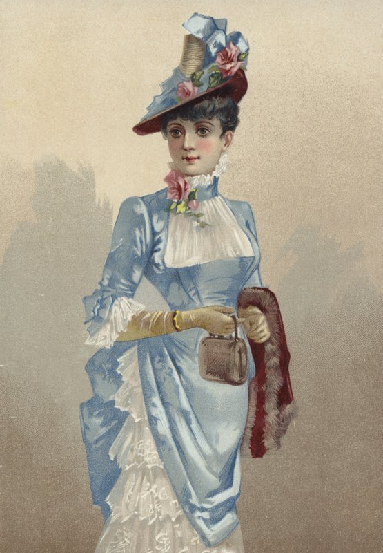 Elegant ung dame i blå kjole, med liten veske av French School