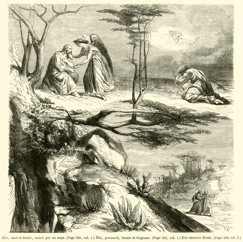 Elia, i ørkenen, matet av en engel, Elia, legger seg ned, lytter til Herren, Elias leder Elisee (gravering) av French School