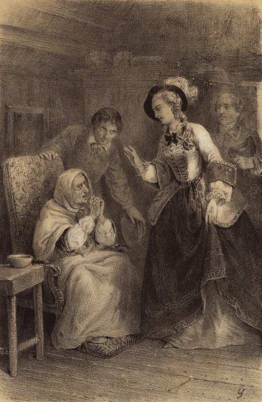Keiserinne Maria Theresa av Østerrike på besøk hos en husbundet fattig kvinne (litho) av French School