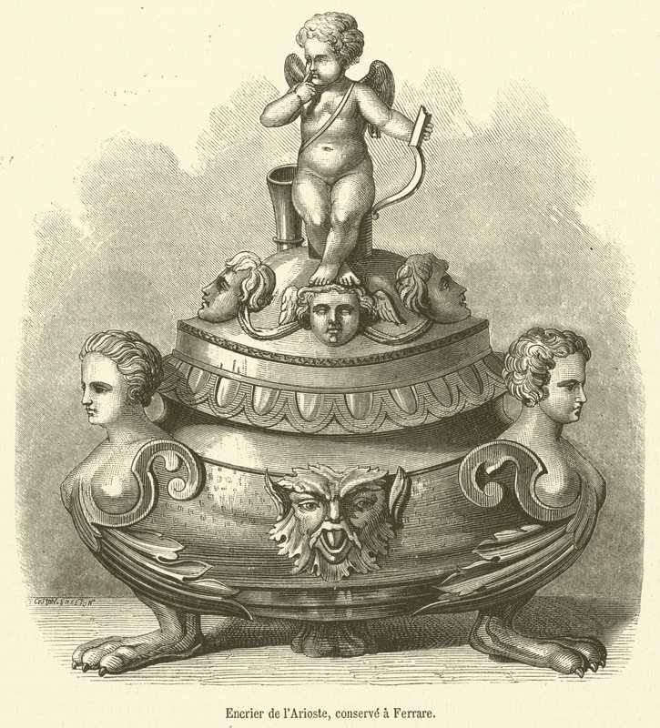 Inkwell of Ariosto, oppbevart i Ferrara (gravering) av French School