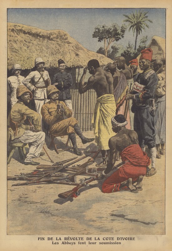 Slutt på et opprør fra Abes-folket i Elfenbenskysten (farge litho) av French School
