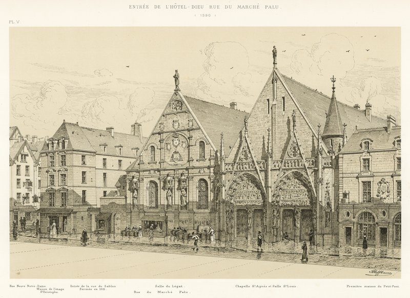Inngang til Hotel-Dieu rue du Marche Palu, 1590 av French School