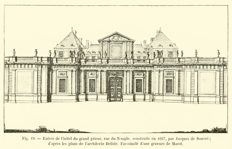 Inngang til Hôtel du Grand Prior, rue du Temple, bygget i 1667 av Jacques de Souvre; i henhold til planene til arkitekten Delisle, Faksimile av en gravering av Marot av French School